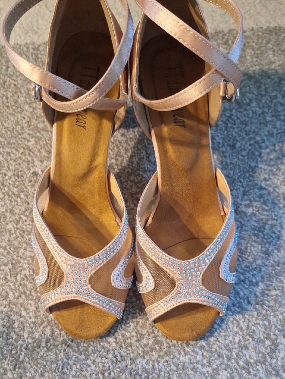 Blush Pink Satin Dance Heels with Rhinestone Detail - Picture 5 of 7